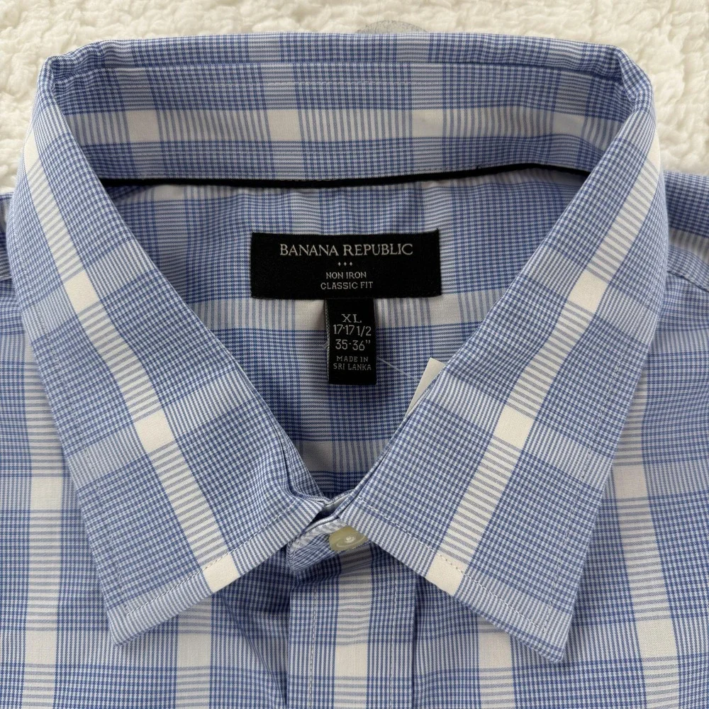 Banana Republic Shirt Mens XL Blue‎ White Plaid Non Iron Classic Fit Button Down